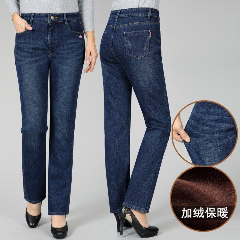 秋冬季中老年妈妈牛仔裤女加绒加厚高腰弹力宽松直筒长裤大码裤子