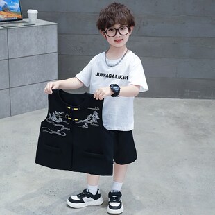 男童夏装套装新中式汉服2024新款儿童马甲三件套国风宝宝夏季衣服