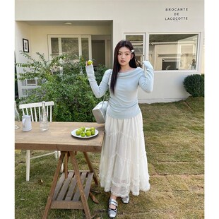 欧尼不胖女装新款一字肩上衣高级感早春款胖mm长袖独特超好看t恤