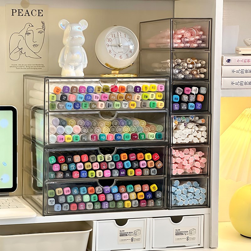 马克笔收纳盒放画笔彩笔铅笔抽屉亚克力桌面文具置物架大容量笔筒