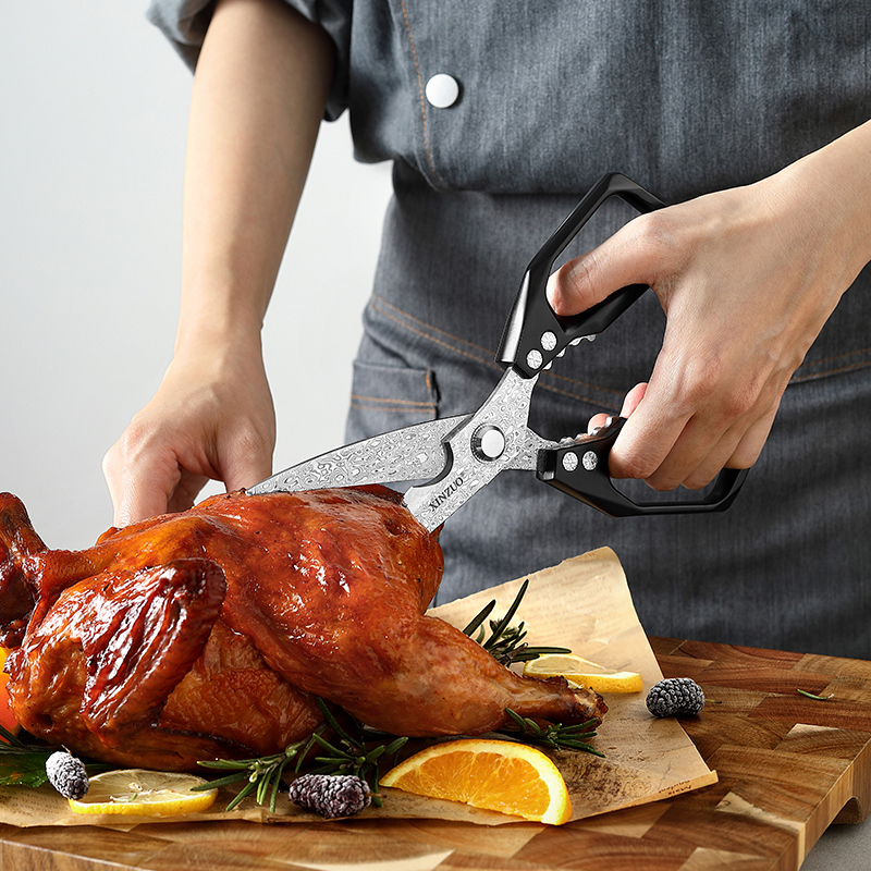 信作-大马士革钢厨房剪刀家用多功能剪肉剪骨菜鱼食物剪子鸡骨剪