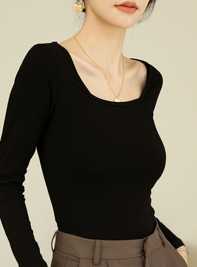 方领打底衫女春秋黑色修身紧身加厚纯棉t恤内搭U露领锁骨长袖上衣