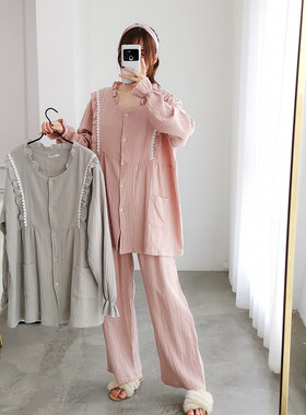 纯棉双层纱布孕妇哺乳开衫睡衣女长袖大码春秋宽松胖MM产后月子服