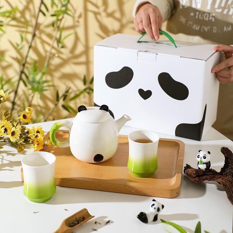 一壶两杯釉下彩茶具套装过滤网家用旅行茶杯茶壶可爱熊猫陶瓷水壶