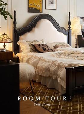 软美式实木家具黑色1米.8主卧婚床包双储CWC物床复古怀旧法人式木