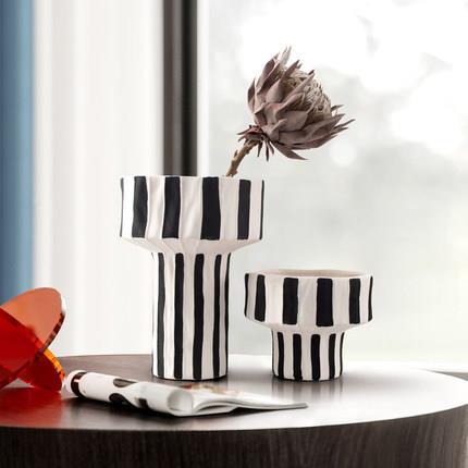 陶瓷花瓶创AOA意白纹宽口插摆件样板房家居客厅餐条桌黑花器软装