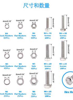 510pcs不锈钢30~4DIAKXN93外六螺栓配平垫弹垫螺角母套装M43M6