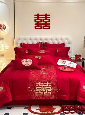 中式龙凤刺绣庆四件套红色结陪FZK床单被套嫁床上用婚品送礼婚大
