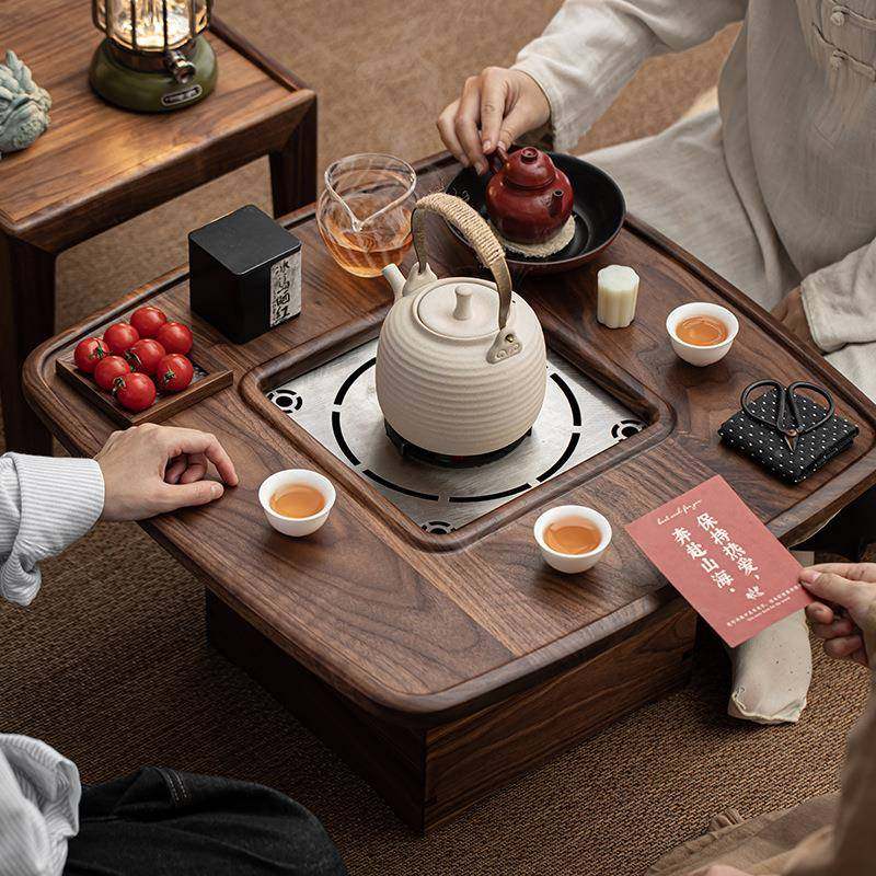 桃木围炉茶桌烧胡炭盆茶台60桌子茶炉空间冬日烤炉茶盘一体煮茶铁