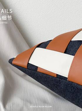 编米色橙色皮革端织抱枕套高档VYN轻奢高酒店样间别墅客板厅沙发