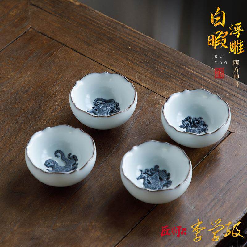 李学级手绘汝窑神兽杯高端汝瓷主人杯开片可养四象茶杯功夫杯子