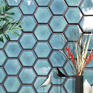 北欧蓝绿釉面陶瓷大六角马赛克瓷砖防滑地砖浴室洗手间墙面