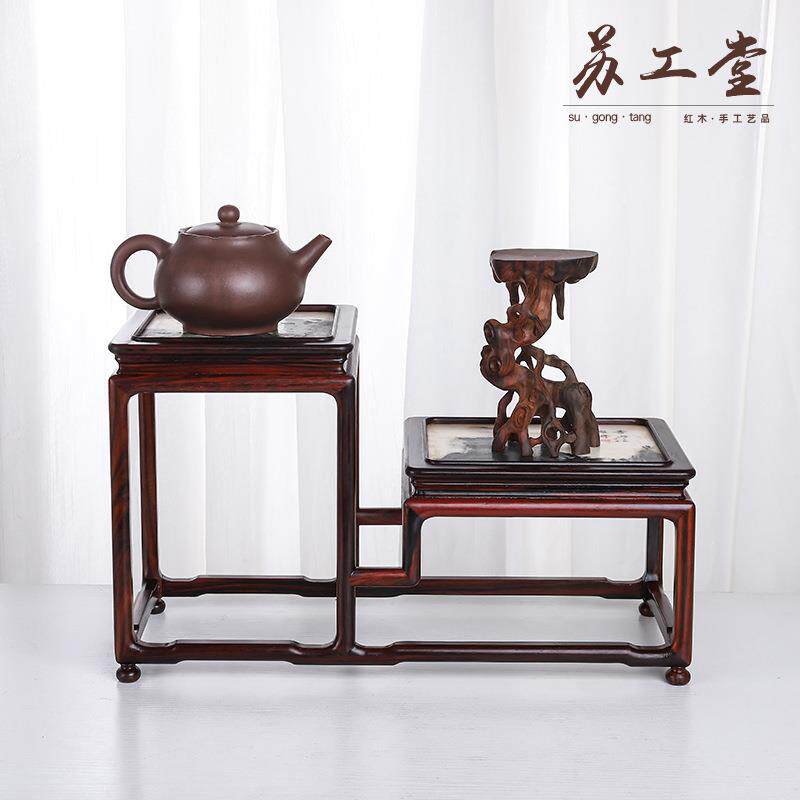 老挝大红酸枝云石高低架实木雕刻工艺品展示架置物架底座直销