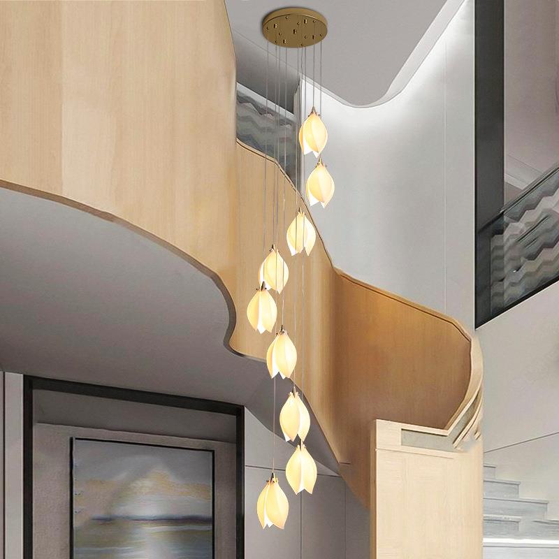 复式层楼梯吊灯代长吊现陶瓷吊灯轻奢挑空跃别墅客厅吊灯中空楼灯