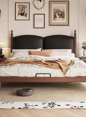 法式复古包实ULQ木中古风黑色油蜡皮床米床1.8主卧双人软榻榻米床