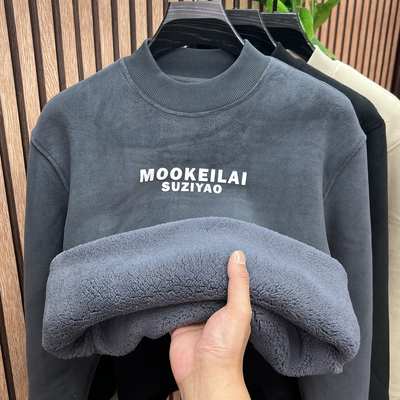 特厚一体绒男士半高领卫衣加绒加厚冬季保暖驼绒打底衫奥粒绒上衣