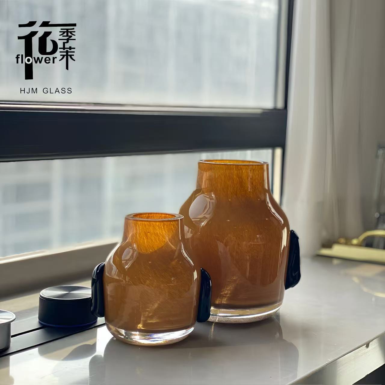 HJM-意大利设计师款厚重双耳艺术琉璃玻璃花瓶酒店别墅软装饰插花