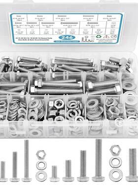 热销246/252pcs英美制304不锈钢外六角螺栓螺母平弹垫圈套装