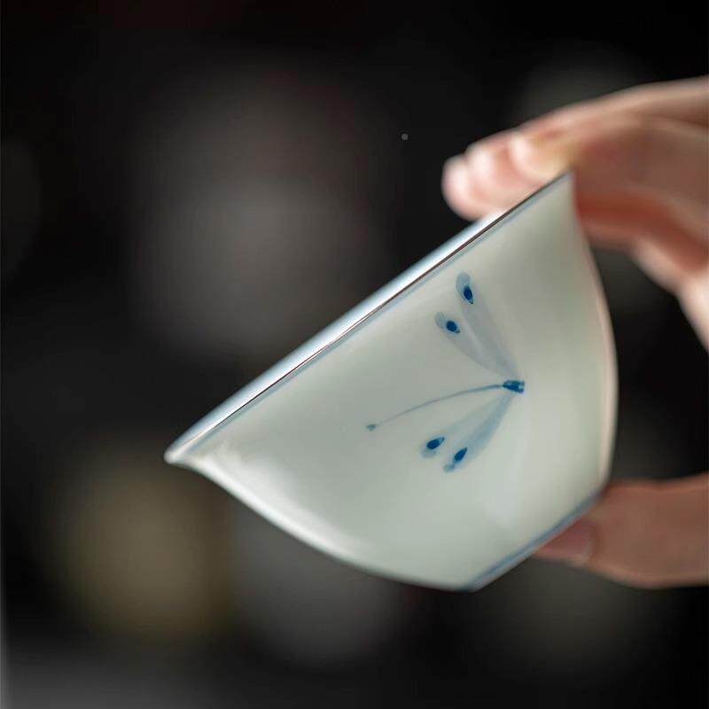 一品仟堂己玉瓷手绘瓷盖碗家用陶茶碗泡青茶茶茶杯青花瓷手绘玉兰