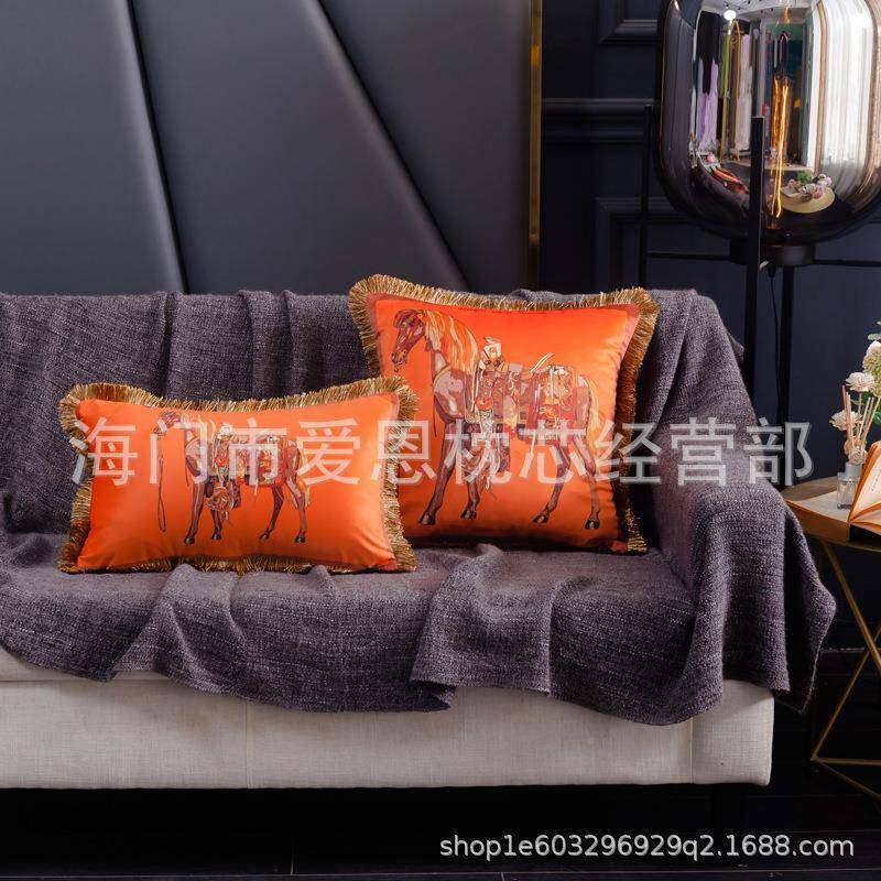 古欧式奢小华双面印沙发抱枕复流苏敦煌马HSX腰枕皮沙花发装饰靠
