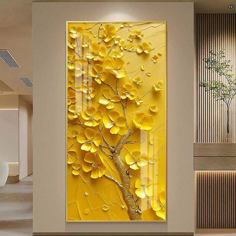 发财树中式竖入户关玄壁画挂DWK画黄过道走廊版招财装饰画金树金