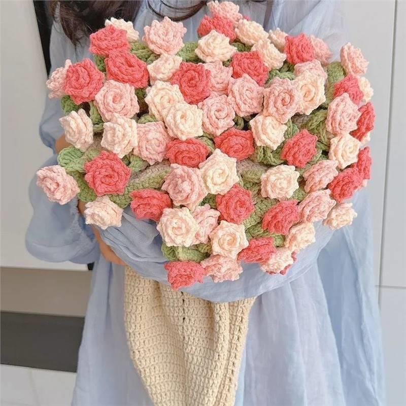 手工织料瑰花束4568721毯玫子材包毛线团钩织花编朵毛线团钩织送