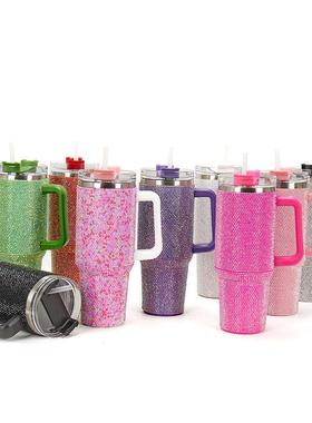 热销镶钻一代汽车杯304不锈钢真空车载保温40oz大容量带手柄