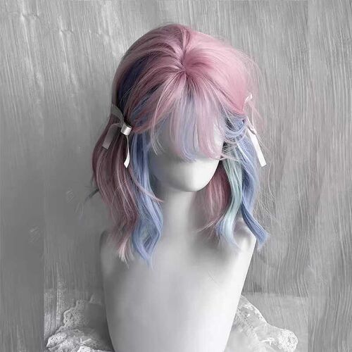 假发女短发薄款彩色Lolita粉色彩虹混色挑染短卷发cos假发全头套
