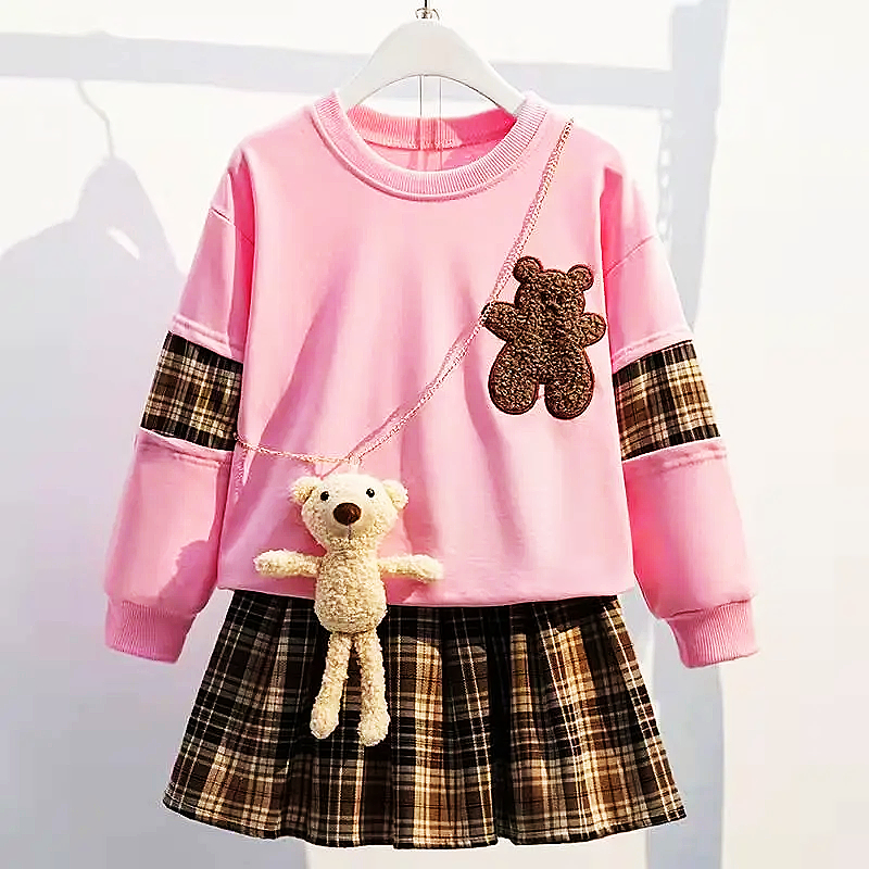 女童秋装两件套2023新款长袖卡通卫衣裙子裙套装儿童公主JK百褶裙