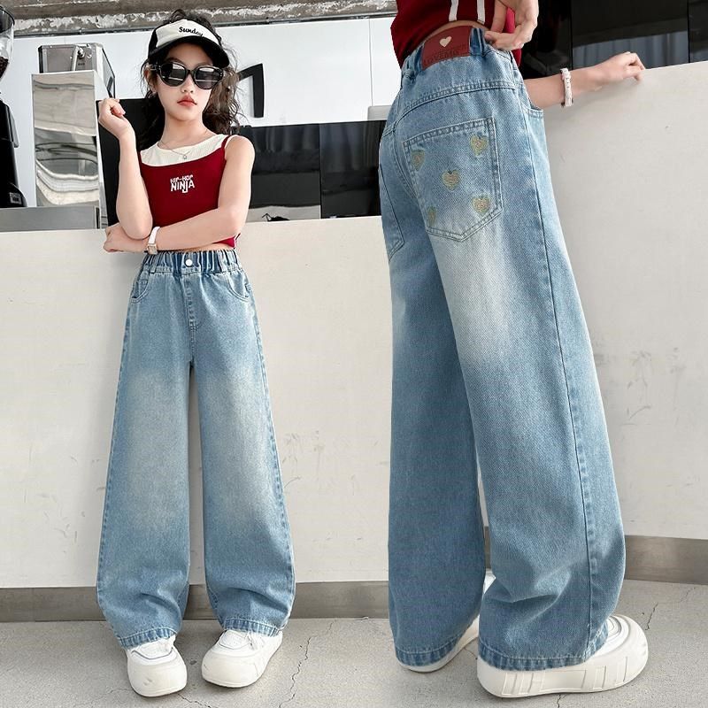 女童裤子春秋季2025新款洋气中大童休闲牛仔裤儿童浅色直筒阔腿裤