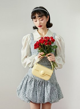 pit复古碎花设计感高腰a字半身裙女2024年秋装新款百褶蓬蓬短裙