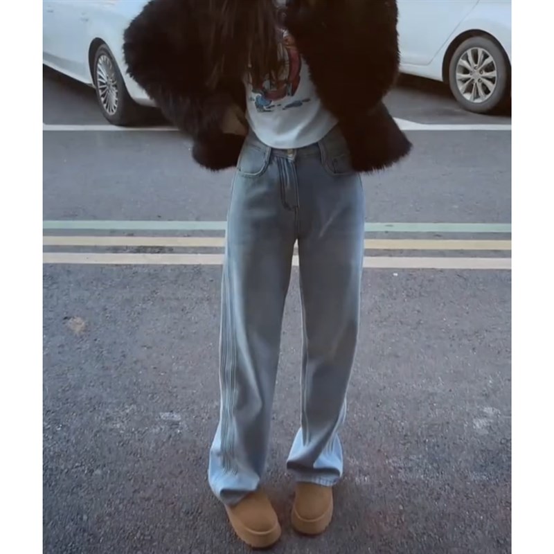 蓝色窄版简约休闲牛仔裤2024冬季新款加绒高腰设计显瘦宽松阔腿裤