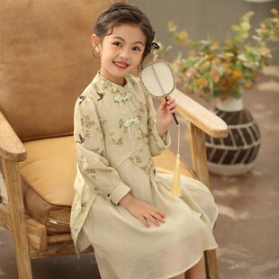 女童复古中国风连衣裙2024春季新款儿童名媛风长袖新中式旗袍裙子