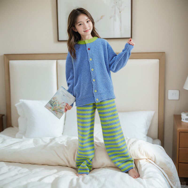 软绵绵儿童珊瑚绒睡衣女童家居服套装宝宝法兰绒半边绒亲子装冬季