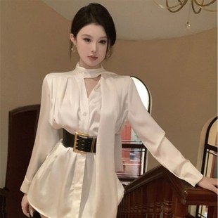 白色缎面衬衫连衣裙女秋季高级感长袖裙子御姐风气质收腰a字短裙