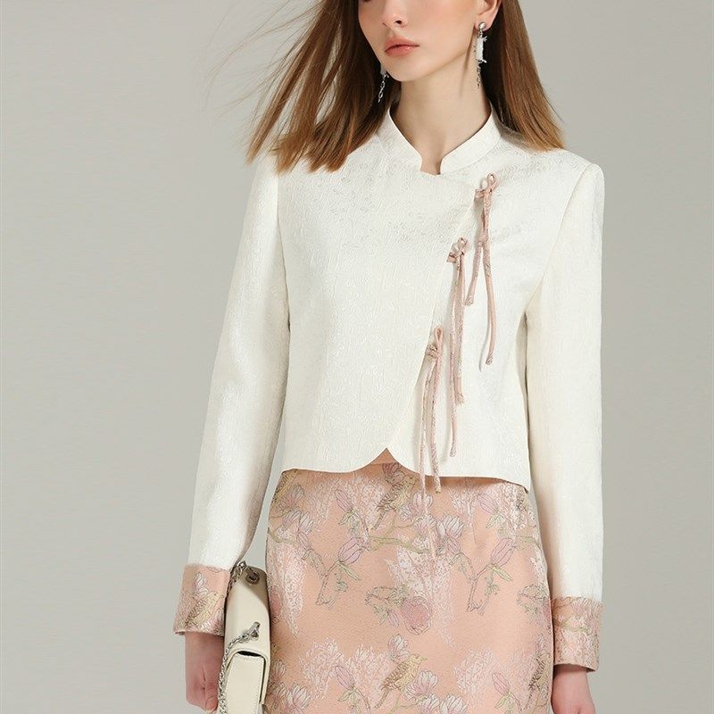 DONEED春款优雅新中式国风绣花外套半身裙两件套撞色提花套装女