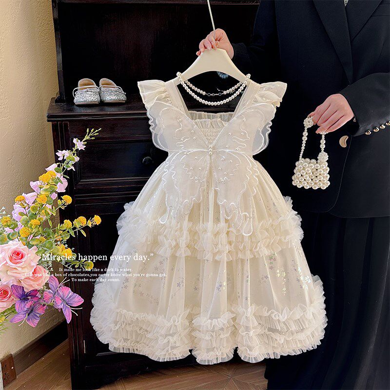 女童公主裙夏季2025新款绝美洋气女孩白色礼服儿童蝴蝶翅膀连衣裙