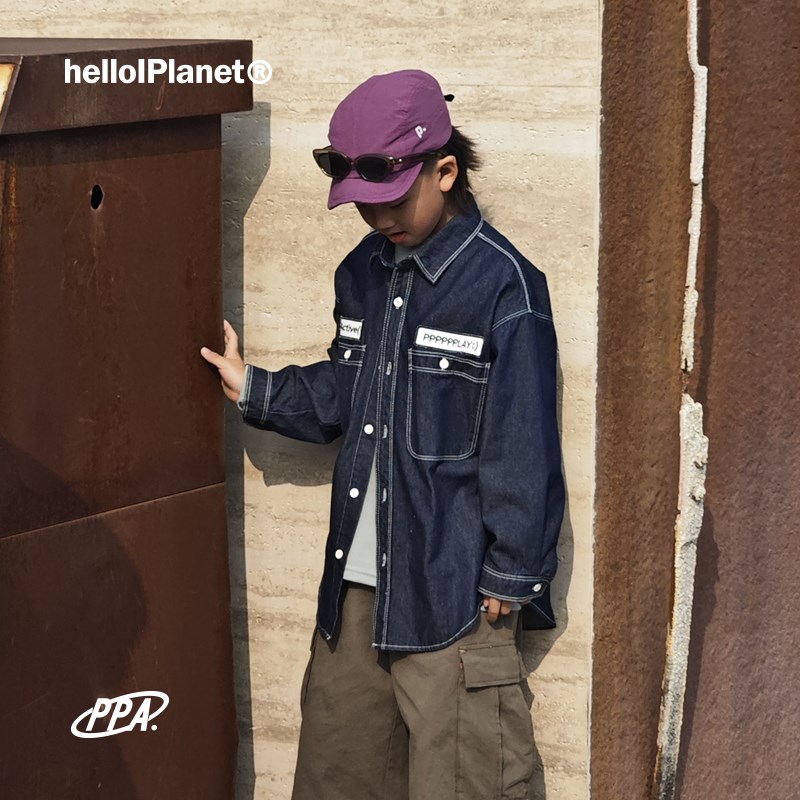 ppapa 25年新品柔软水洗斜纹儿童长袖牛仔衬衫衬衫外套
