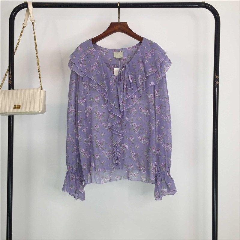 碎花法式V领衬衫女喇叭袖设计感甜美小衫荷叶边紫色雪纺衫上衣潮,女装/女士精品,衬衫,淘宝优惠券,粉丝福利购,淘宝优惠卷