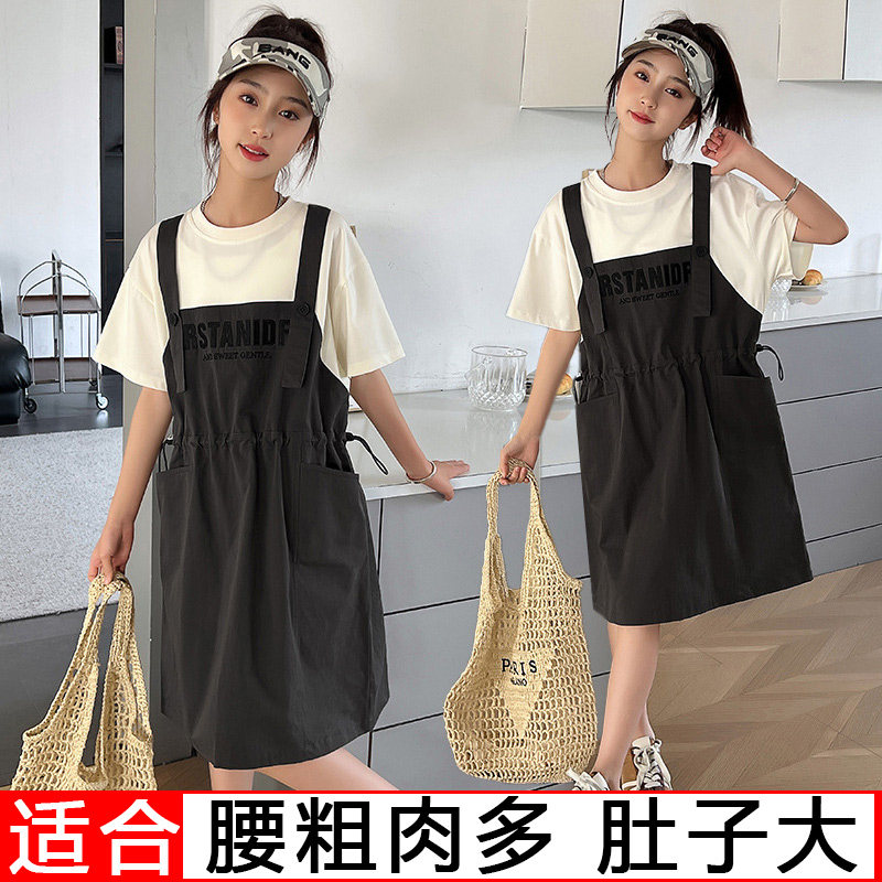 胖女童连衣裙夏季新款女孩洋气裙子中大童假两件背带裙加肥加大码