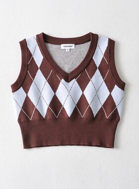BM MICN~学院风菱格撞色针织衫背心女内搭外穿修身V领毛衣马甲潮