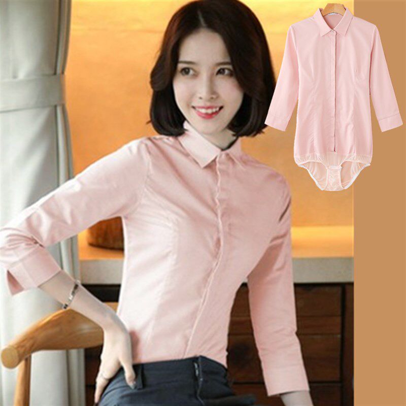 高端款长袖连体衬衫女职业面试工作装连裤衬衣短袖抗皱修身弹力粉