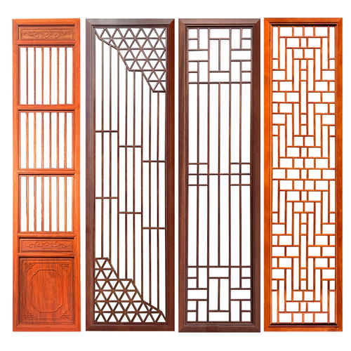 东阳木雕玄关中式屏风实木花格栅镂空隔断装修背景墙仿古门窗角花