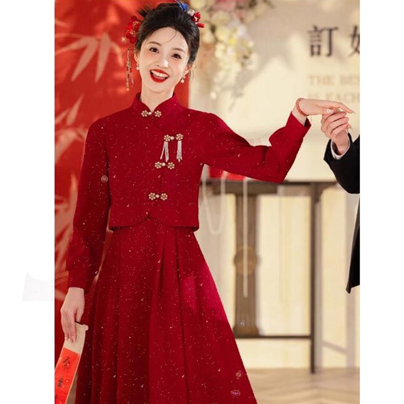 200斤大码中式旗袍敬酒服新娘回门连衣裙小个子订婚礼服秋冬便装