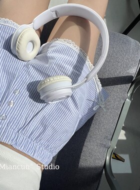 BM MICN美式蓝白条纹四角裤居家短裤少女甜美蕾丝边三粒扣直筒裤