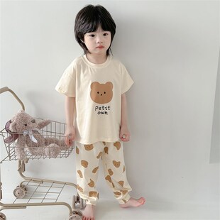 儿童家居服夏季薄款A类纯棉男童女孩短袖长裤睡衣宝宝空调服套装