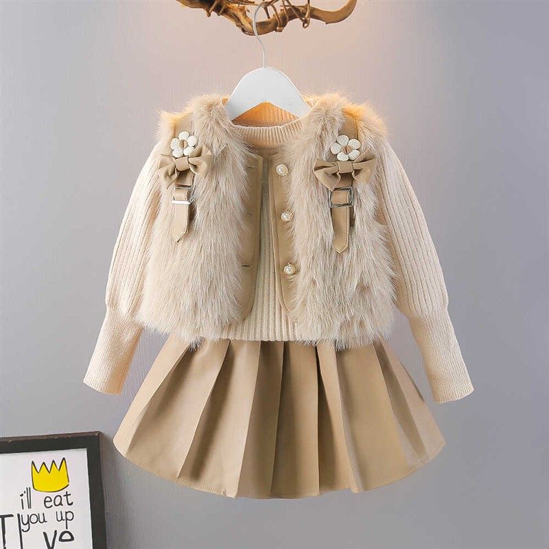 童装女童冬季毛毛马甲套装裙子新款宝宝针织毛线衣三件套半身裙潮