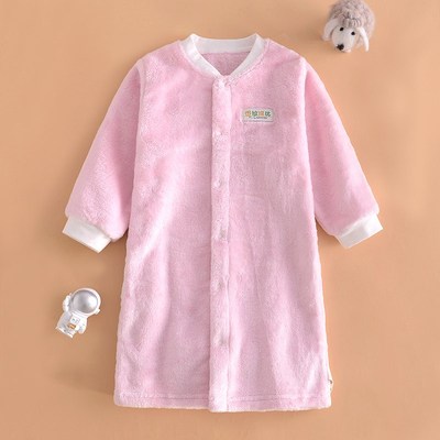 冬季宝宝法兰绒家居睡袍男女儿童珊瑚绒长袍前开睡衣连体加绒睡裙