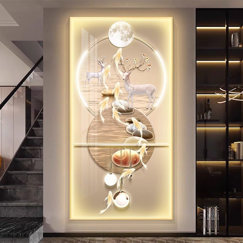 壁灯福鹿九鱼图玄关高端装饰画LED发光走廊过道楼梯灯画进门挂画