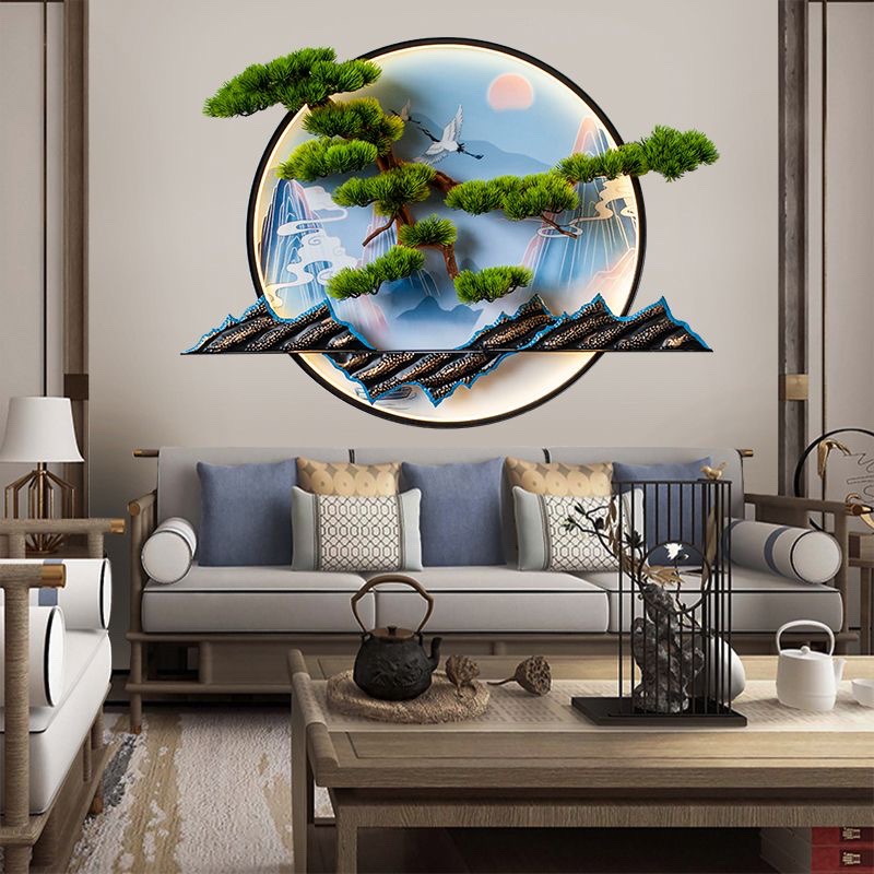 新中式圆形国风山水画立体带灯迎客松玄关客厅背景墙上铁艺壁饰